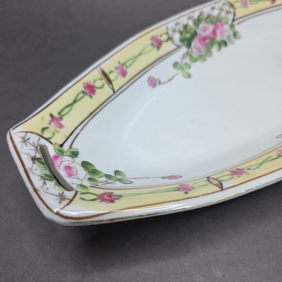 Nippon Hand Painted Celery Dish Pink Floral Porcelain 11in Chintz - Picture 4 of 16